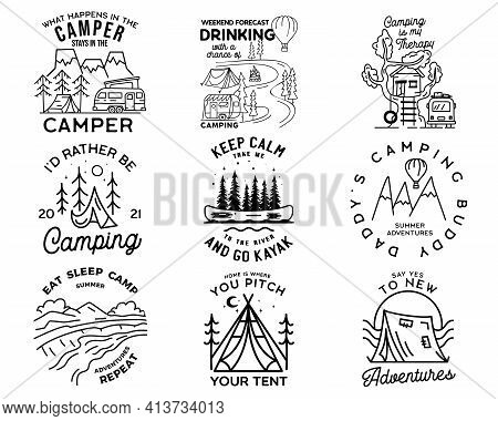Vintage Line Art Logo Designs Set. Camping Adventure Badges With Outdoors Scenes. Camp Label, Hiking