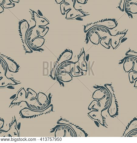 Handmade Carved Forest Squirrel Block Print Seamless Pattern. Rustic Heritage Folk Animal Background