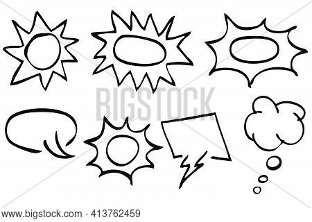 Simple Vector Hand Draw Sketch Set Of Blank Bubble Chat And Shout Out Symbol, Isolated On White