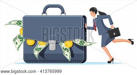 Businesswoman Pushes Huge Briefcase With Money. Business Woman Pushing Big Suitcase Full Of Cash. Do