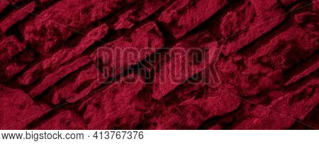 Red Limestone Wall With Visible Details. Background
