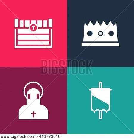 Set Pop Art Medieval Flag, Monk, King Crown And Antique Treasure Chest Icon. Vector