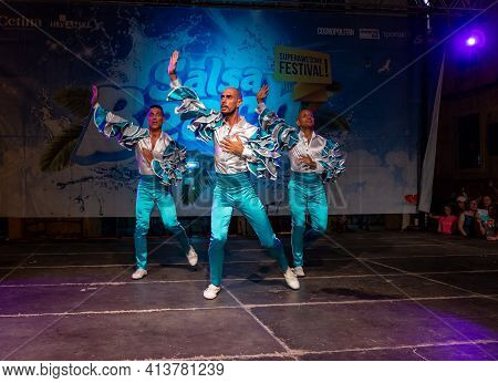 Sibenik, Croatia - July 6, 2018: Grupo Alafia Dance Performances At Salsa Beach Splash Festival In S