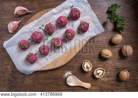 Georgian Beetroot Phali Or Pkhali With Walnuts, Garlic And On Wooden Background.