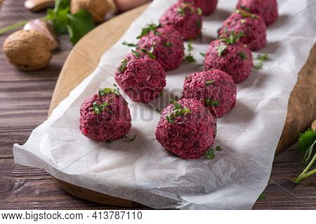 Georgian Beetroot Phali Or Pkhali With Walnuts, Garlic And On Wooden Background
