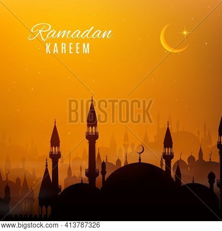 Ramadan Kareem Holiday Arabian City At Sunset. Vector Mosque Or Masjid Buildings Of Islam Religion W