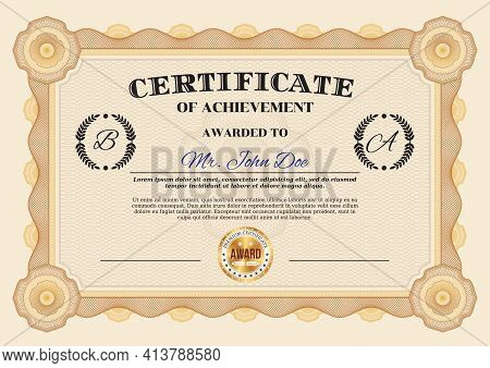 Certificate Of Achievement And Diploma Appreciation Template, Vector Honor Award Frame Border. Busin