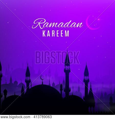 Ramadan Kareem Holiday Vector Design With Night Arabian City. Eid Mubarak Greeting Card With Islam R