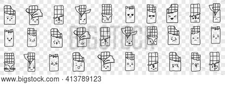 Packs With Chocolate Bars Doodle Set. Collection Of Hand Drawn Funny Smiling Packs With Chocolate Wh