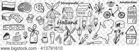 Dutch Traditional Symbols Doodle Set. Collection Of Hand Drawn Various Signs Go Holland Cheese Windm