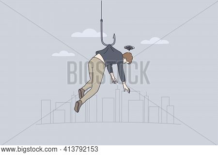 Stress, Failure And Personal Weakness Concept. Young Man Cartoon Character Hanging On Fishing Hook F