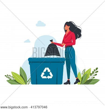 A Woman Throws A Garbage Bag Into A Trash Can, Garbage Recycling Sign Volunteering People, Ecology, 