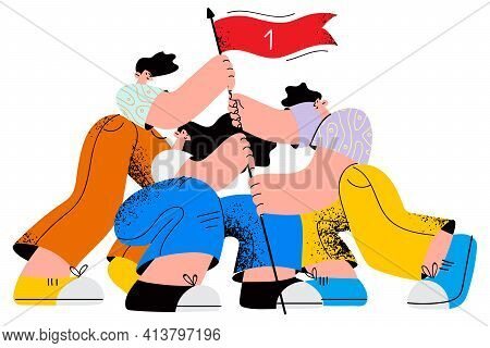 Teamwork, Success, Business Cooperation Concept. Young People Business Parters Putting Flag As Symbo