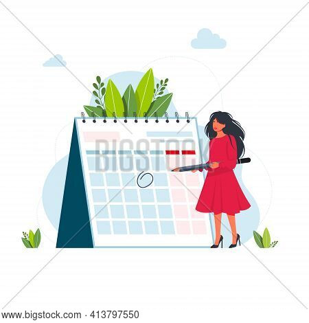 Time Management And Deadline Concept. Business Woman Planning Events, Deadlines, And Agenda. Calenda