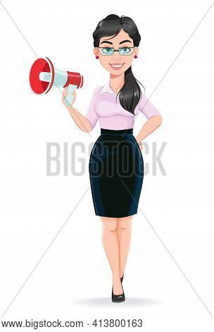 Beautiful Successful Business Woman Cartoon Character Holding Loudspeaker. Usable As Manager, Secret