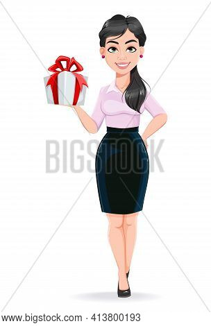Beautiful Successful Business Woman Cartoon Character Holding Gift Box. Usable As Manager, Secretary