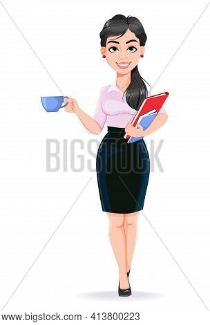 Beautiful Successful Business Woman Cartoon Character Having A Coffee Break. Usable As Manager, Secr