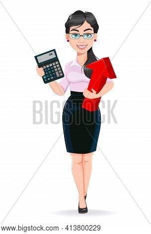Beautiful Successful Business Woman Cartoon Character Calculates Income. Usable As Manager, Secretar
