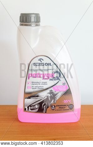 Pruszcz Gdanski, Poland - March 21, 2021: Used Orlen Petrygo Coolant For Car Radiators.