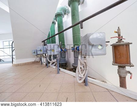 Modern Pumping Station Room For Tube Transport. Pipeline With Water Pump And Remote Cotrol