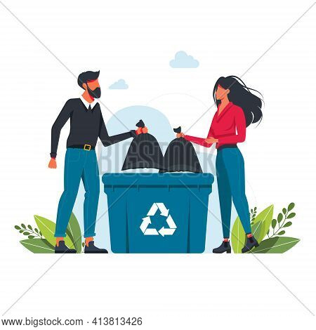 Man And Woman Throws A Garbage Bag Into A Trash Can, Garbage Recycling Sign Volunteering People, Eco