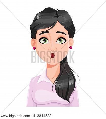 Face Expression Of Beautiful Woman, Surprised. Female Emotion. Pretty Lady Cartoon Character In Flat