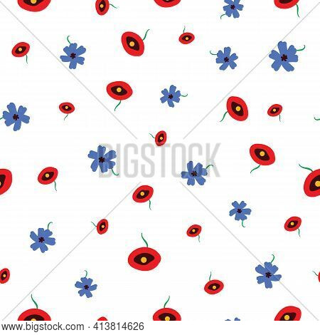 A Cottagecore Poppy And Cornflower Vector Pattern