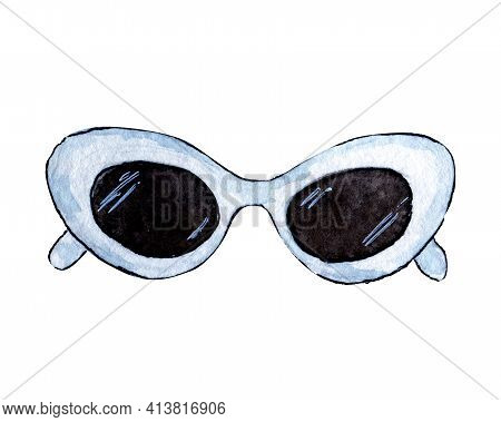 White Summer Sunglesses Isolated On White Background Hand Drawn Watercolor Clip Art