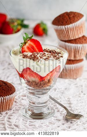 Trifle. Layered Dessert Of Chocolate Sponge Cake, Whipped Cream Or Ricotta And Fresh Strawberries In