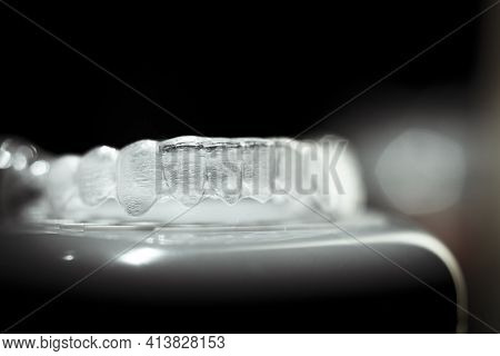 Transparent Ferule Retainer Teeth Alignment. Copy Space