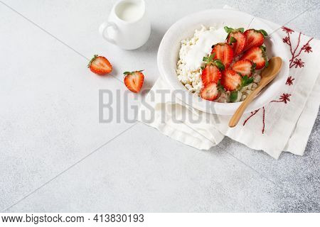 Cottage Cheese, Curd Cheese With Strawberries Berries In A Bowl, Ogranic Homemade Dairy Product. Hea