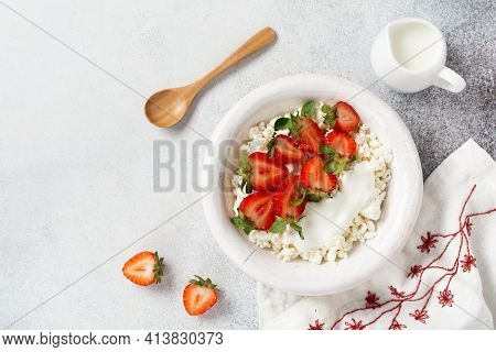 Cottage Cheese, Curd Cheese With Strawberries Berries In A Bowl, Ogranic Homemade Dairy Product. Hea