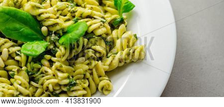 Pesto And Pine Nut Pasta Salad, Fusilli Pasta With Regato Cheese And Baby Spinach Coated In Basil Pe
