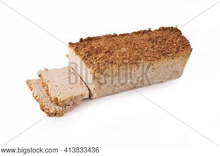 Baked Pate In One Piece And Cut Into Slices, Isolated On A White Background. Traditional Meat Produc