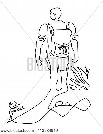 One Line Drawing Of Hiker On Mountaintop.
One Continuous Line Drawing Of Hiker Standing On A Mountai