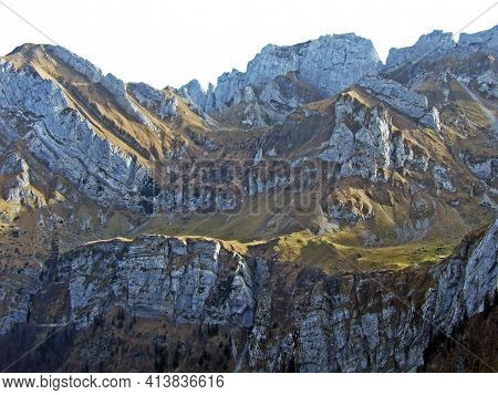 Rock Folds On The Rocky Alpine Peak Of Marwees In The Alpstein Mountain Range And Appenzellerland To