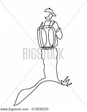 One Line Drawing Of Hiker On Mountaintop.
One Continuous Line Drawing Of Hiker Standing On A Mountai