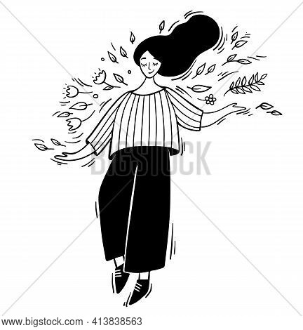 Woman Fling And Dansing With Leafs And Flowers. Hand Drawn Line Vector Stock Illustration. Inspirati