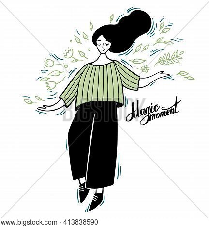 Woman Fling And Dansing With Leafs And Flowers. Hand Drawn Line Vector Stock Illustration. Inspirati