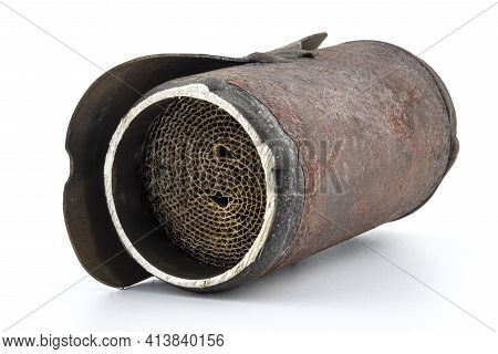 A Macro Shot Of A Piece Of Cut Metal Catalyst, Isolated On A White Background.