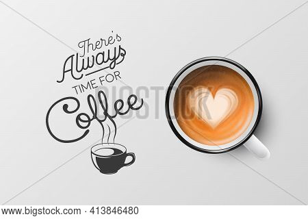 Vector 3d Realistic White Metal Enamel Mug With Foam Coffee - Capuccino, Latte - Isolated. Coffee Cu