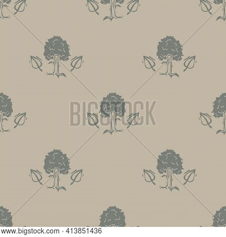 Handmade Carved Forest Tree Block Print Seamless Pattern. Rustic Heritage Folk Art Woodland Backgrou