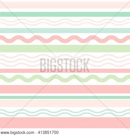 Pastel Colored Lines For Eggs Decoration. Seamless Texture With Easter Ornament On White Background.
