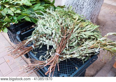 A Brooms Made Of Dried Branches, For The Steam Room In The Bath. Market Place.