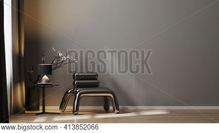 Modern Luxury Dark Tones Living Room Interior Background With Gray Wall, Metal Armchair With Lamp An