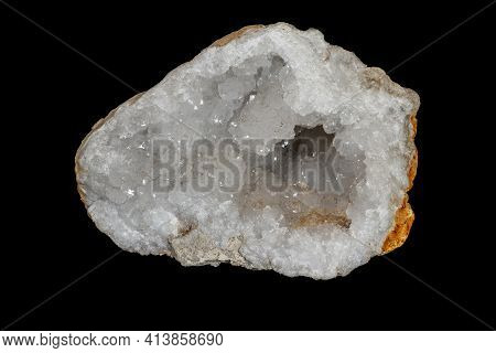 Macro Stone Mineral Quartz Geodes On Black Background Close Up