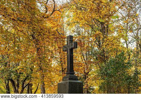 View Of Famous Old North Cemetery Of Munich, Germany With Historic Gravestones. Funerals Have Not Be