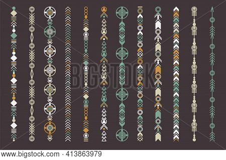 Ethnic Hand Drawn Vector Line Border Set. Boho Fashion Style Pattern. Vector Design Elements.