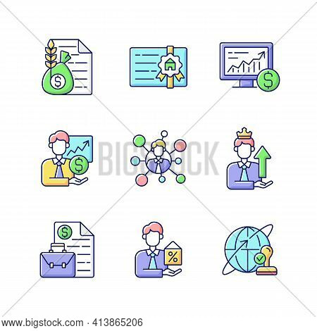 Financial Advisor Rgb Color Icons Set. Commodity Broker Services. Professional License. Online Stock