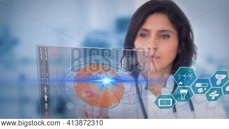 Mid section of male doctor touching screen with human brain icon and medical data processing. medical research and technology concept